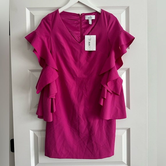 Belle by Badgley Mischka Magenta Ruffle Sleeve Mini Dress - Picture 3 of 12